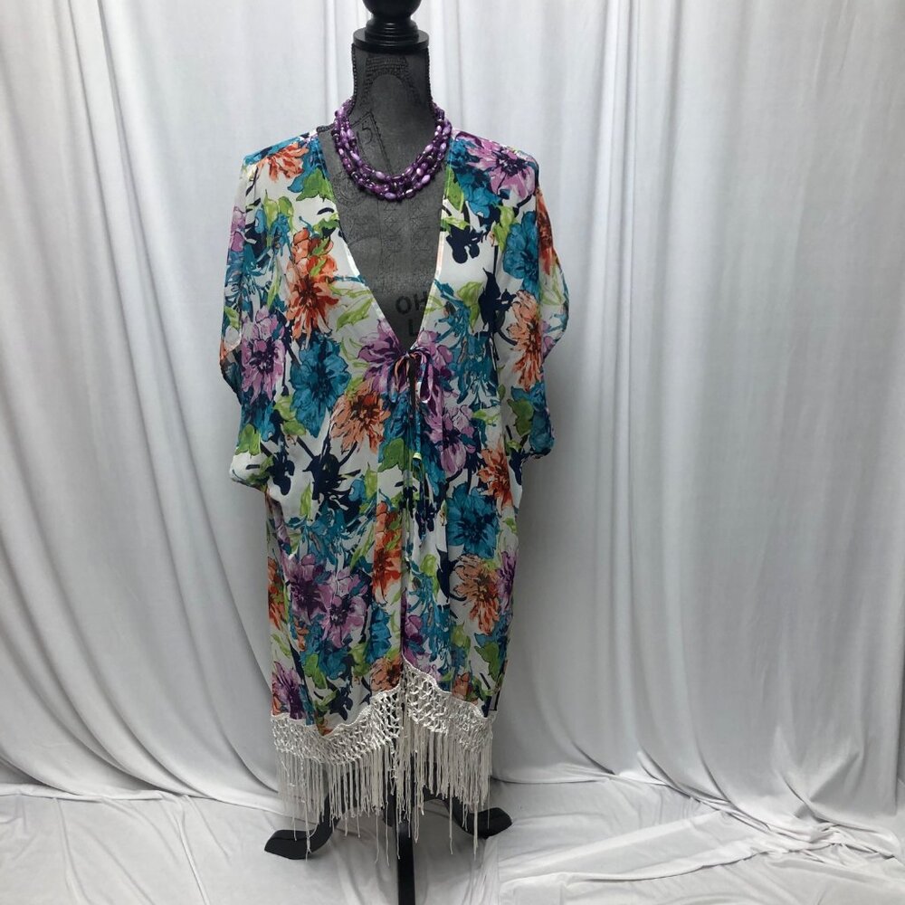 Catalina Open Front Fringed Kimono Womens Size Medium 8-10 Floral Swim Cover Up